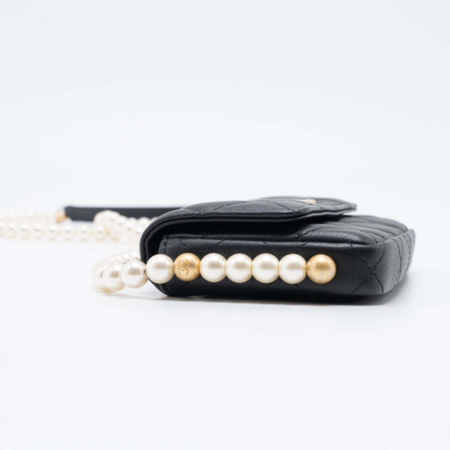 Chanel Pearl Chain Mini Flap Bag Lambskin Black Brushed