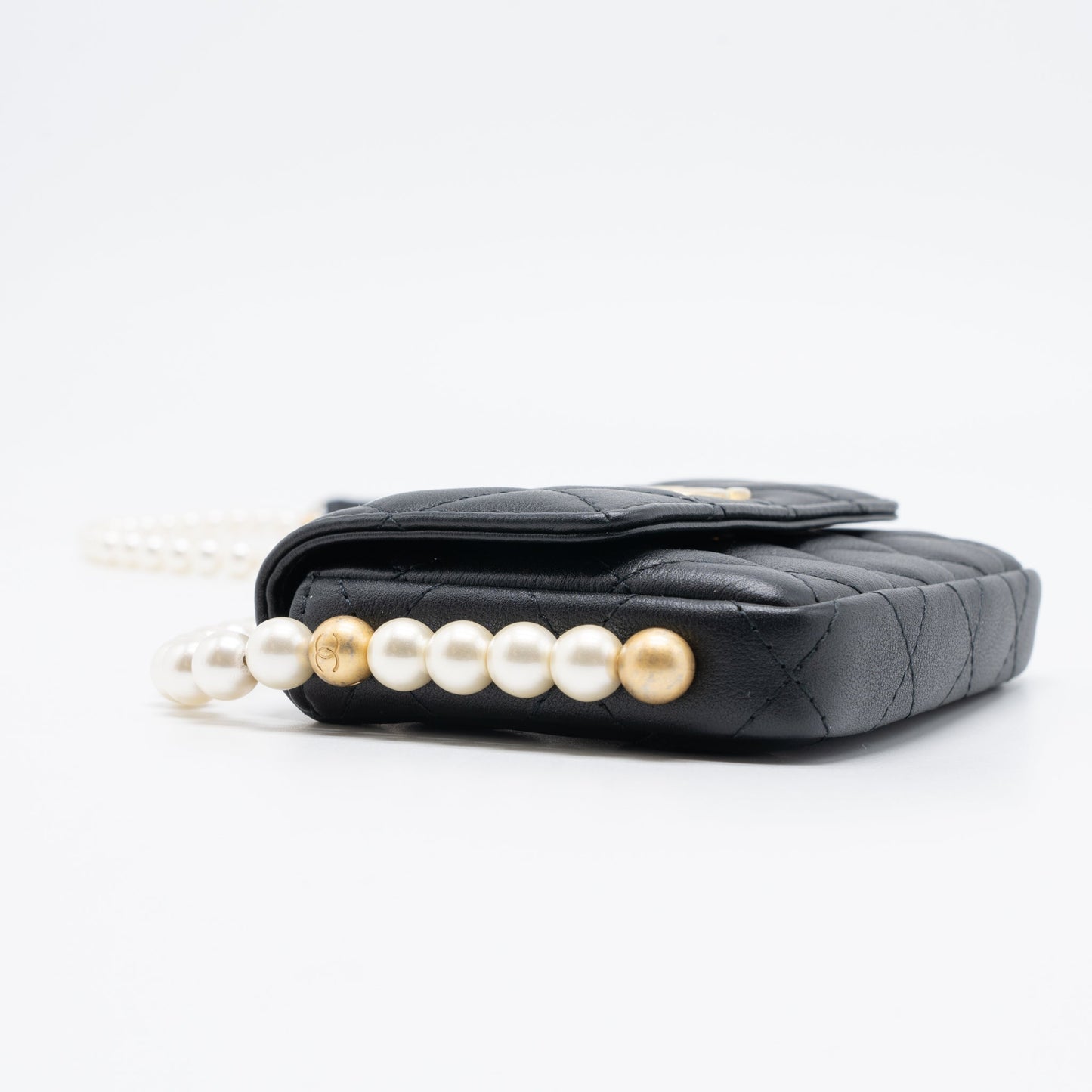 Chanel Pearl Chain Mini Flap Bag Lambskin Black Brushed