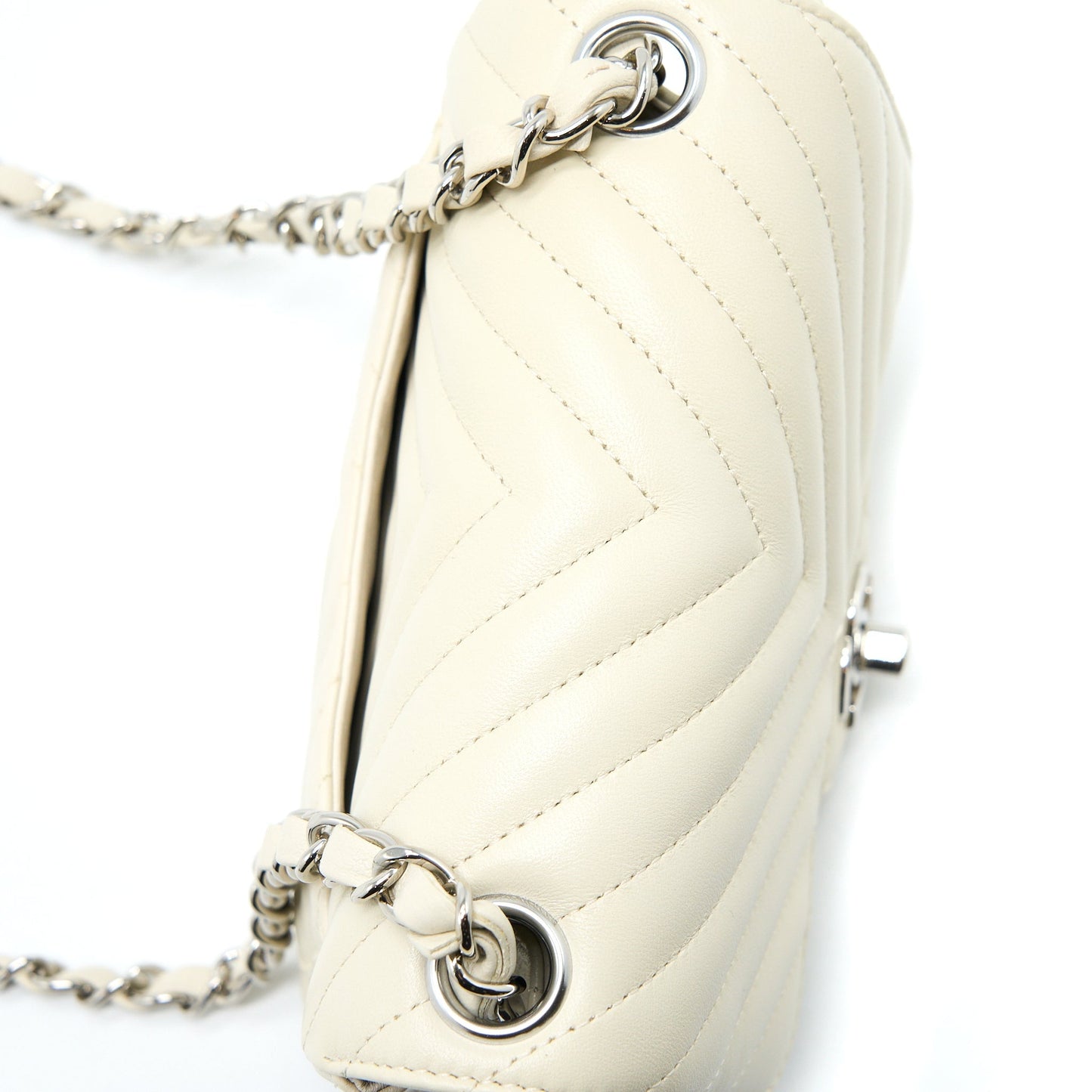 Chanel 21c Mini Square Flap Bag Chevron Lambskin Beige