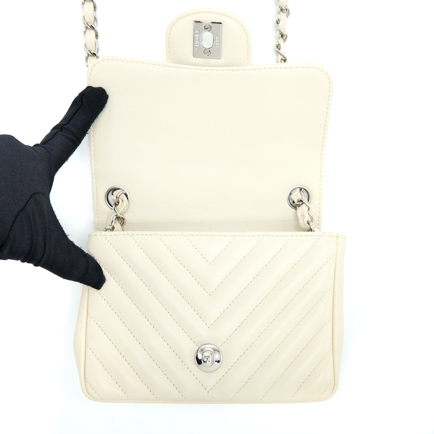 Chanel 21c Mini Square Flap Bag Chevron Lambskin Beige