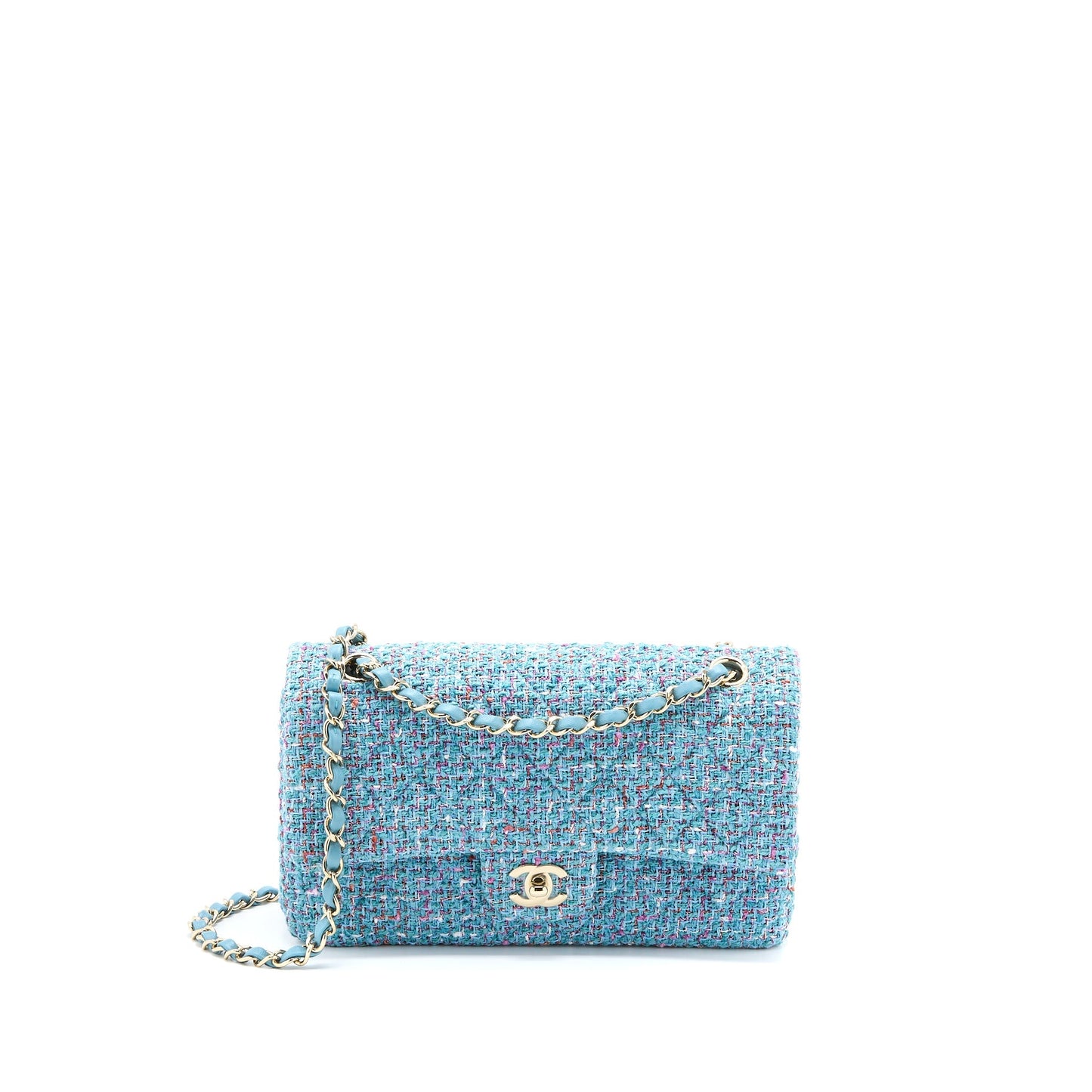 Chanel Tweed Medium Classic Double Flap Bag Light Blue L