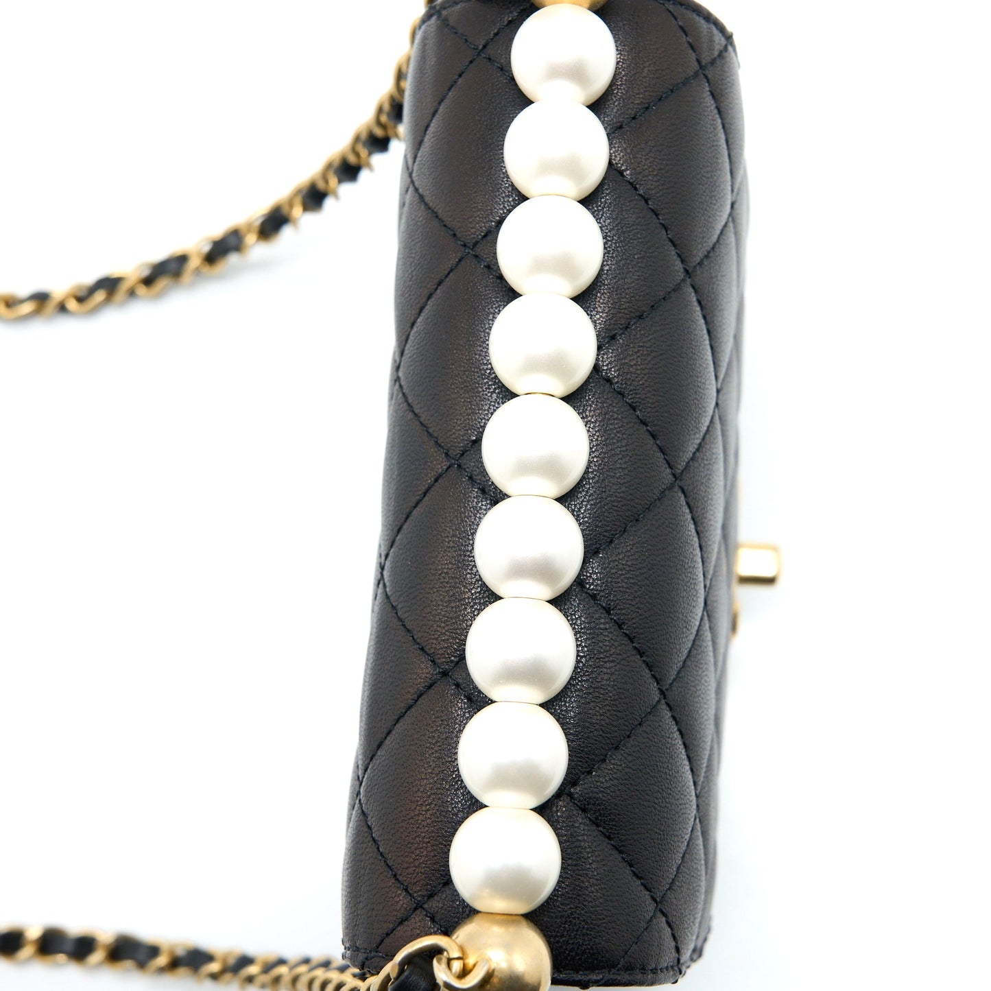 Chanel Vertical Pearl Flap Bag Goatskin Black Brushed