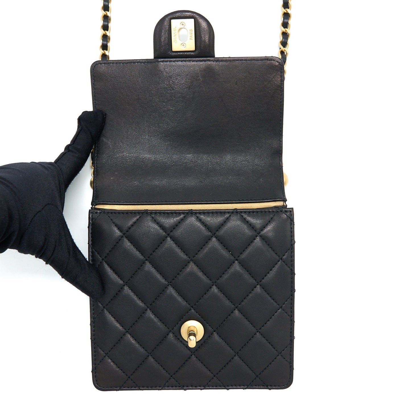 Chanel Vertical Pearl Flap Bag Goatskin Black Brushed