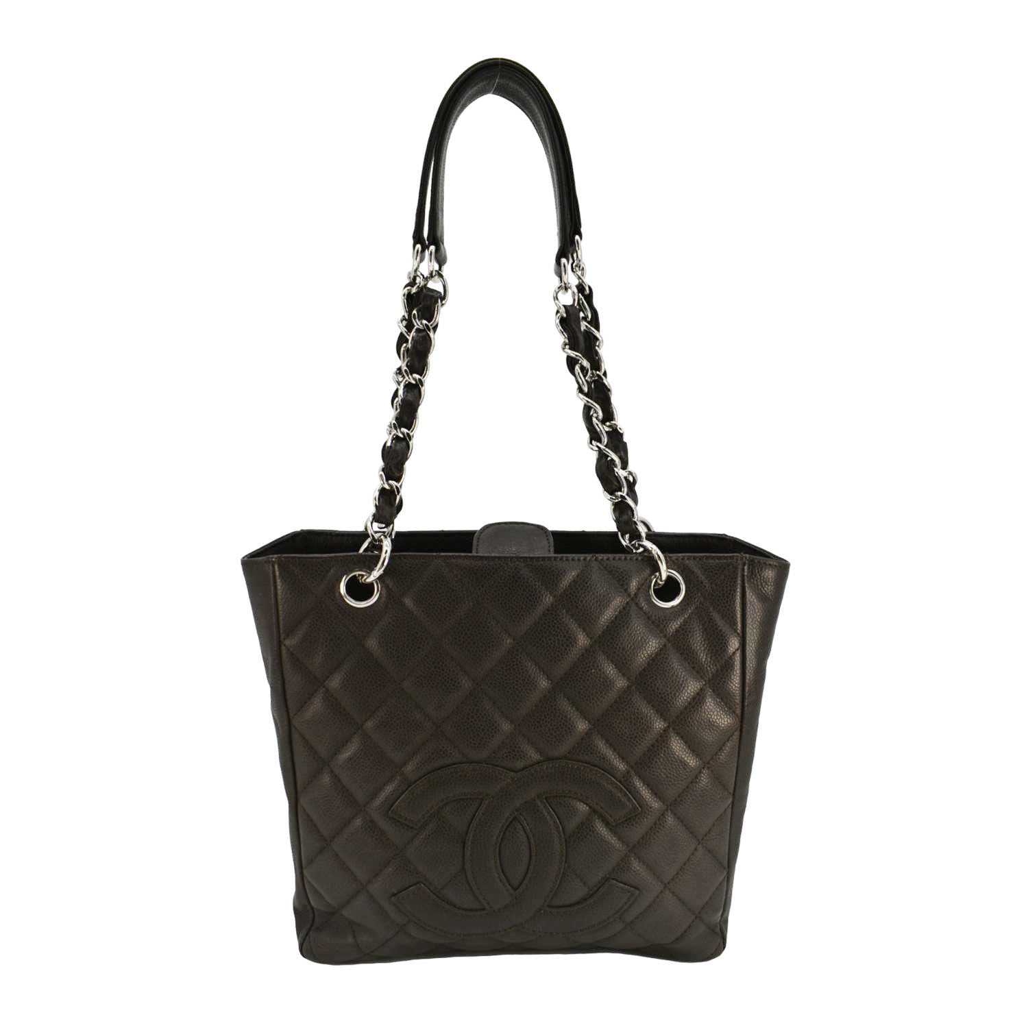 Chanel Petite Quilted Caviar Leather Shopping Tote Shoulder Bag Dark Brown