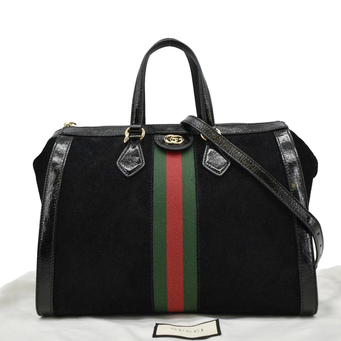 GUCCI Ophidia  Medium Web Suede Tote Bag Black 524537