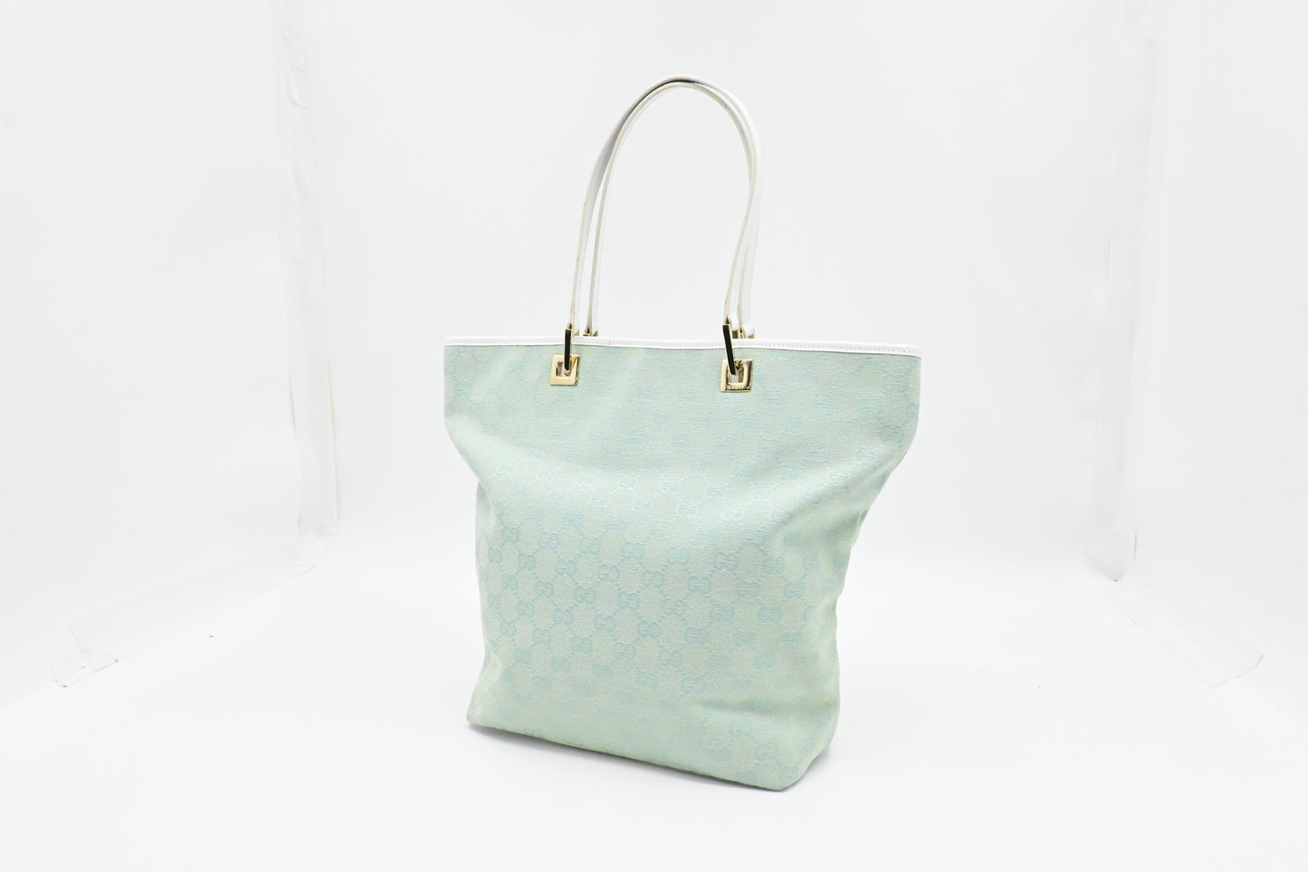 Gucci Tote in Teal GG Canvas and White Leather