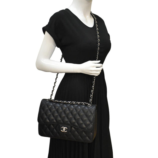 CHANEL Classic Jumbo  Double Flap Quilted Caviar Leather Shoulder Bag Black