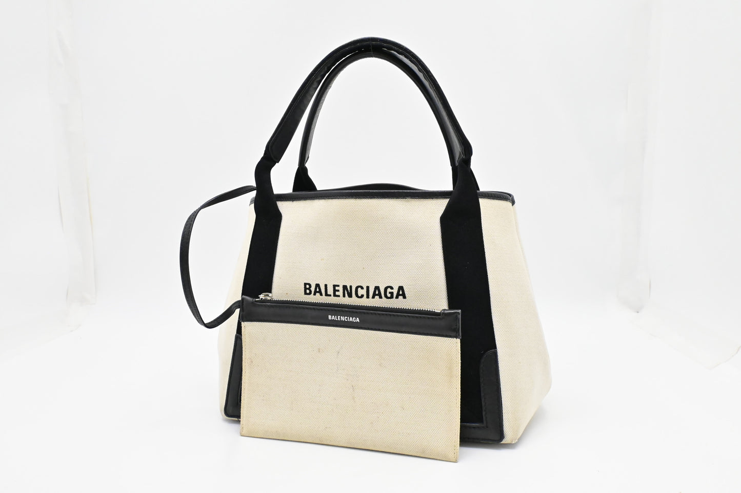 Balenciaga Medium Navy Cabas Tote in Ecru and Black Canvas