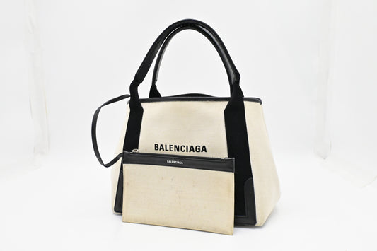 Balenciaga Medium Navy Cabas Tote in Ecru and Black Canvas