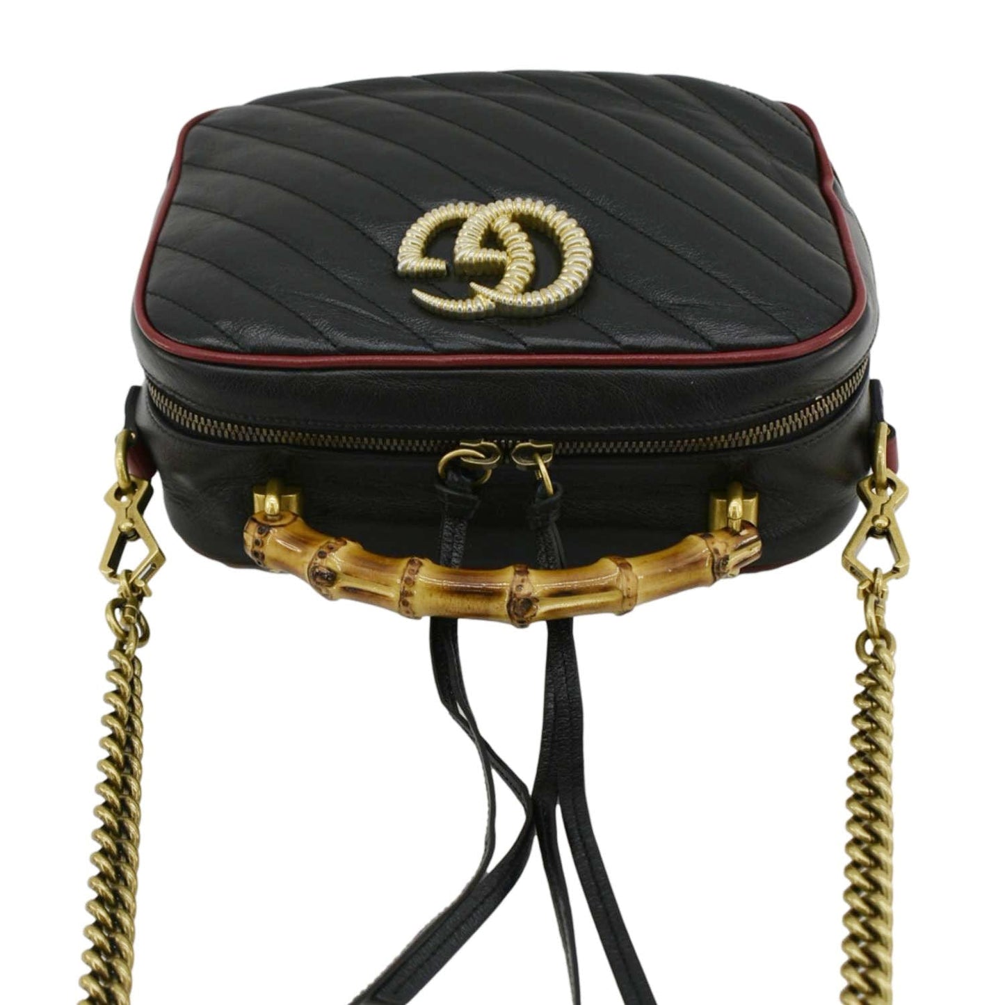 GUCCI GG Marmont Diagonal Leather Bamboo Top Handle Crossbody Bag Black 602270