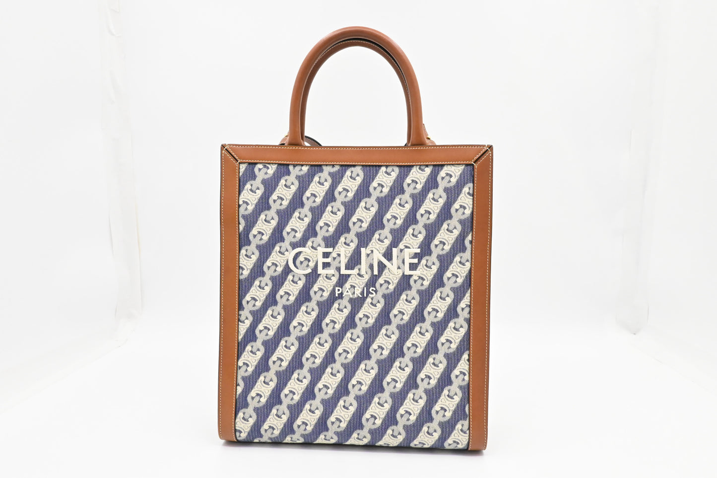 Celine Vertical Cabas in Blue Denim Canvas and Brown Leather