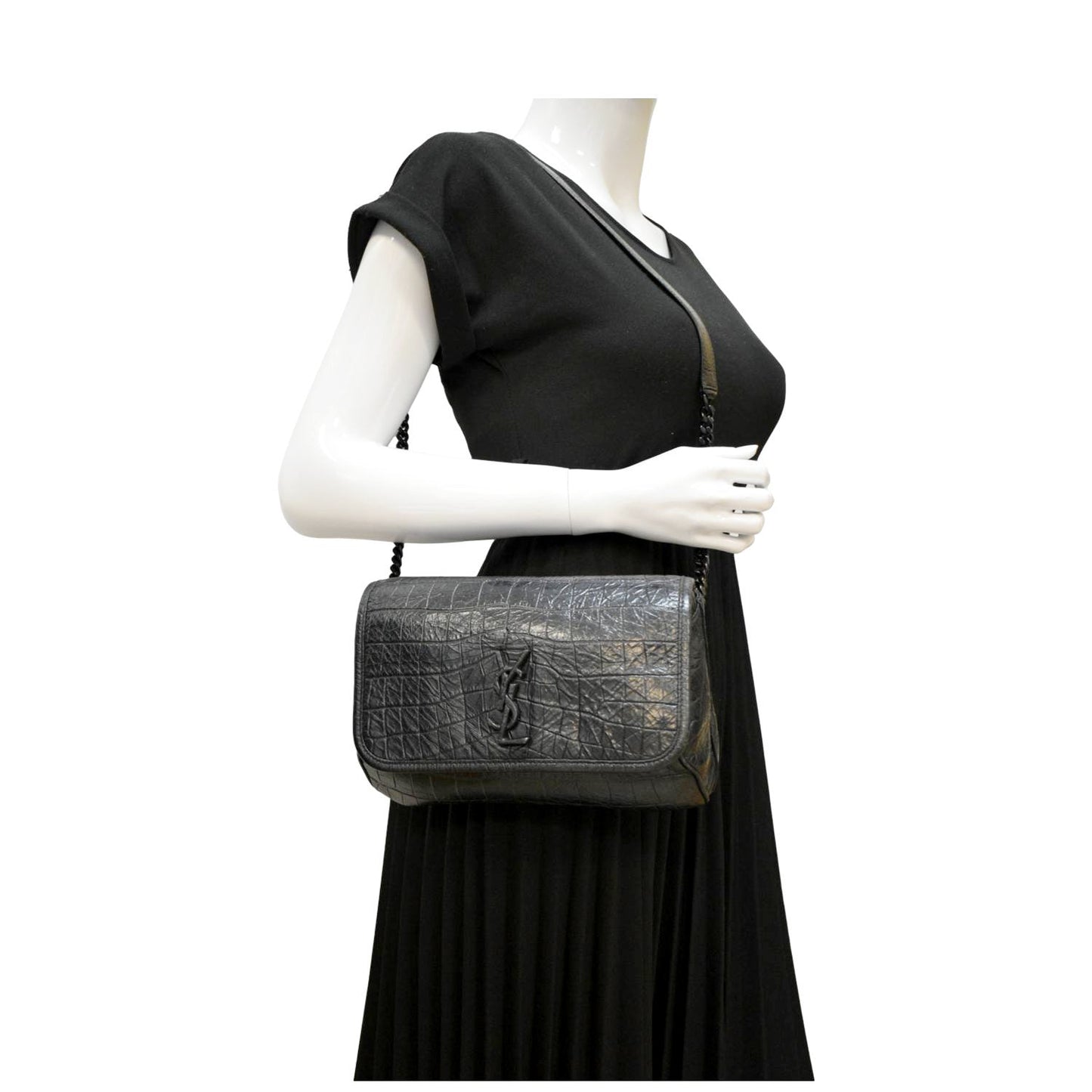 YVES SAINT LAURENT Niki Baby Crocodile Leather Chain Shoulder Bag Black