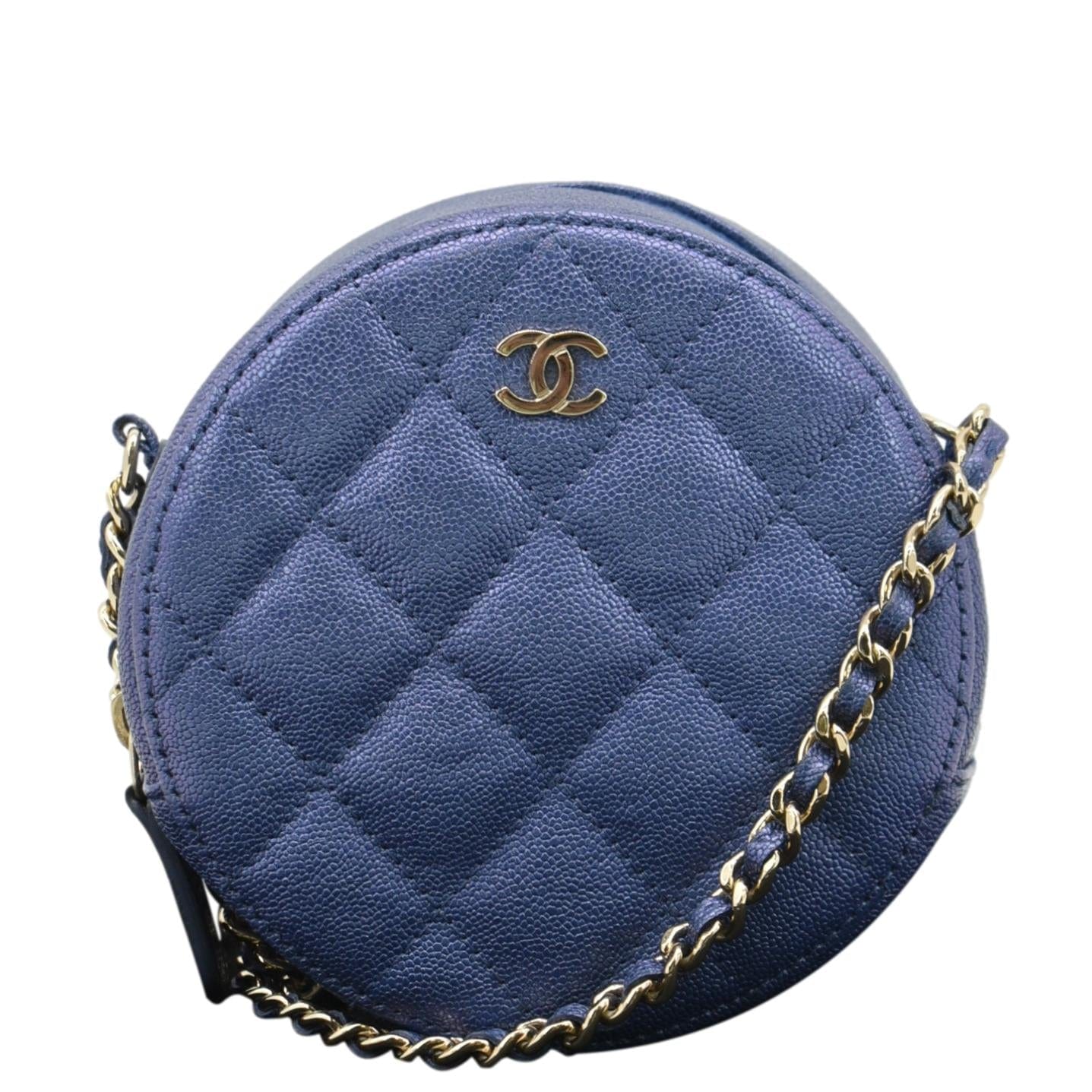 Chanel Round Clutch with Chain Mini Quilted Iridescent Caviar Leather Crossbody Bag Shiny Blue