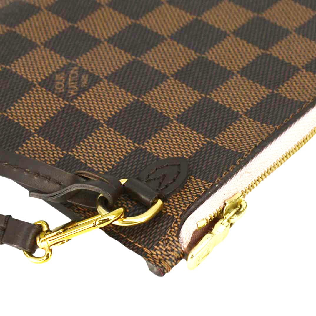 LOUIS VUITTON Neverfull Pochette Damier Ebene Wristlet Pouch Rose Ballerine