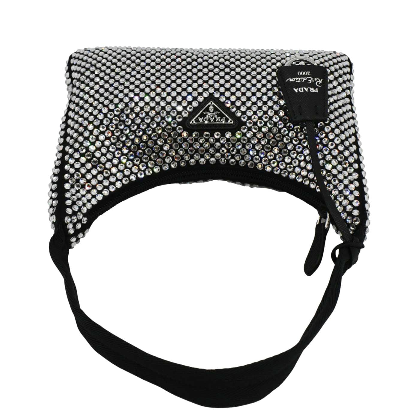 PRADA Mini Re-Edition 2000 Crystal Embellished Satin Tote Bag Black