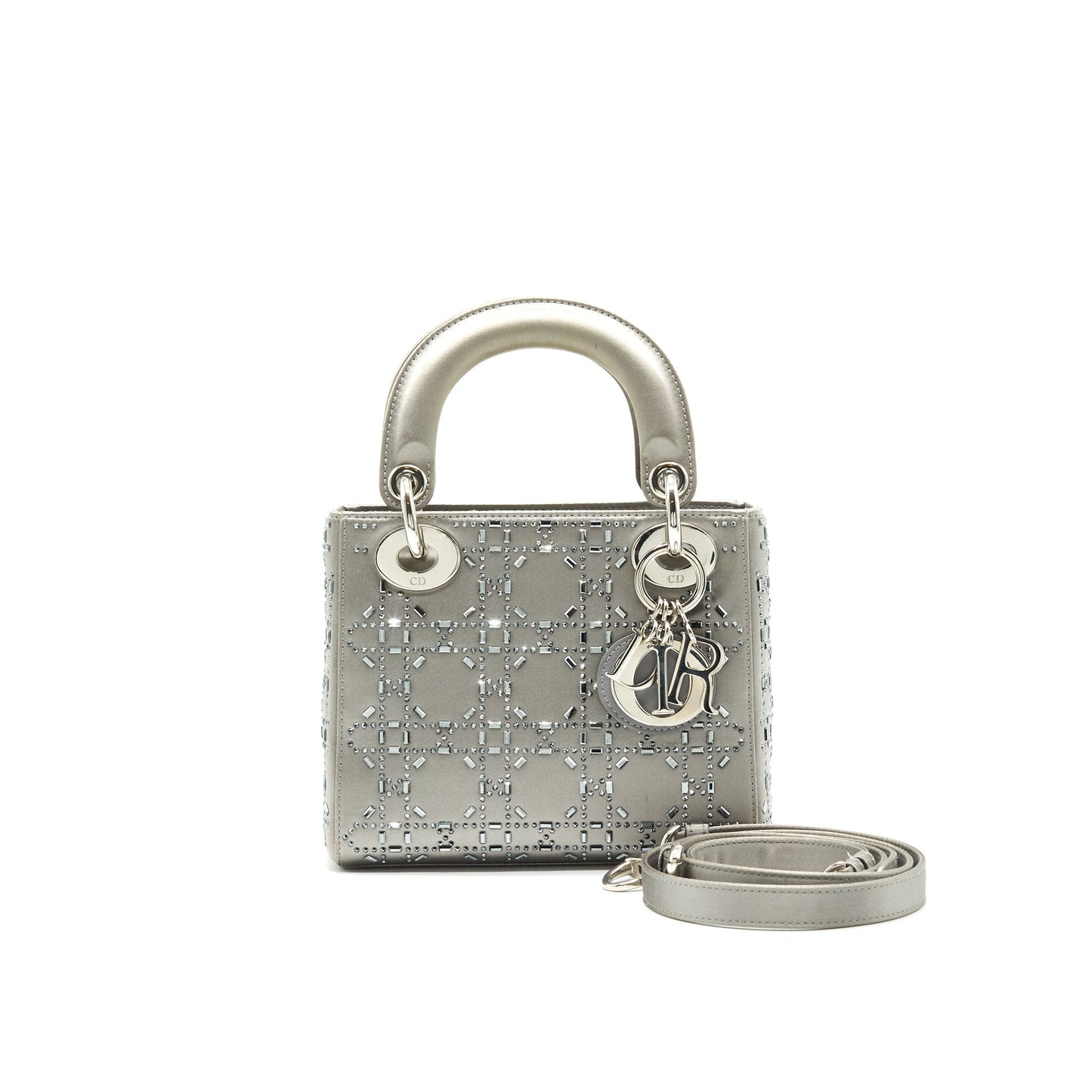 CHRISTIAN Satin Crystal Cannage Mini Lady Dior Gray
