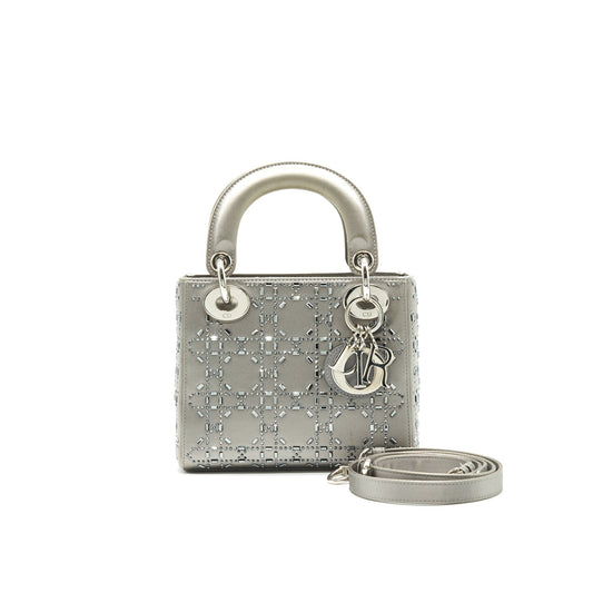 CHRISTIAN Satin Crystal Cannage Mini Lady Dior Gray