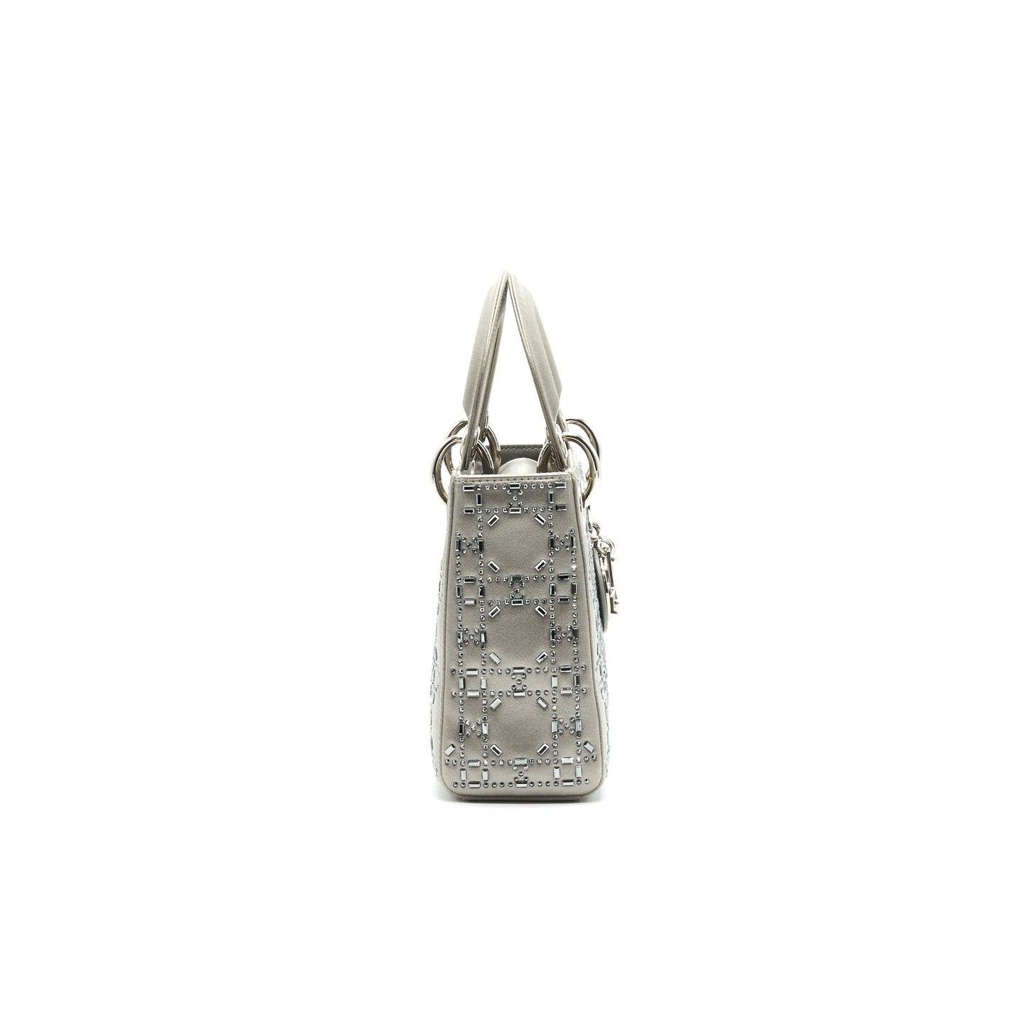 CHRISTIAN Satin Crystal Cannage Mini Lady Dior Gray