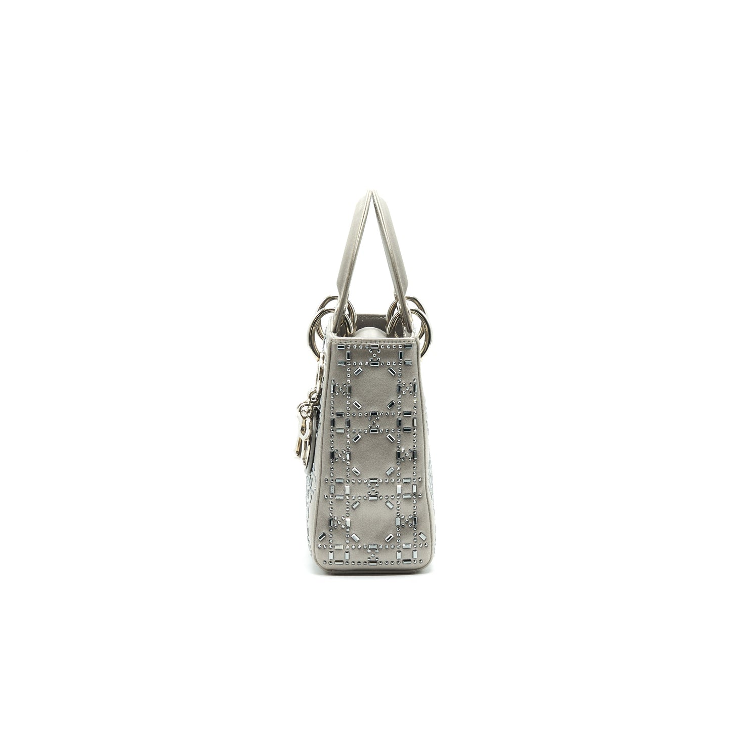 CHRISTIAN Satin Crystal Cannage Mini Lady Dior Gray