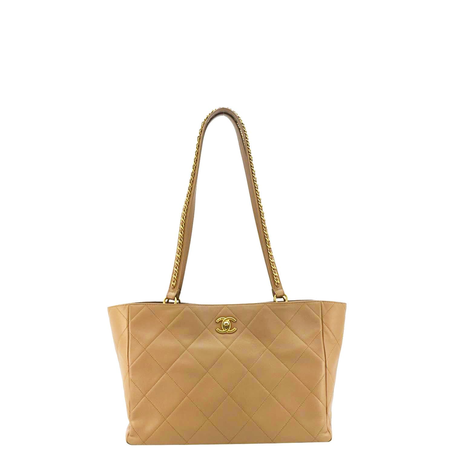 Chanel Quilted Leather Shopping Tote Bag Beige
