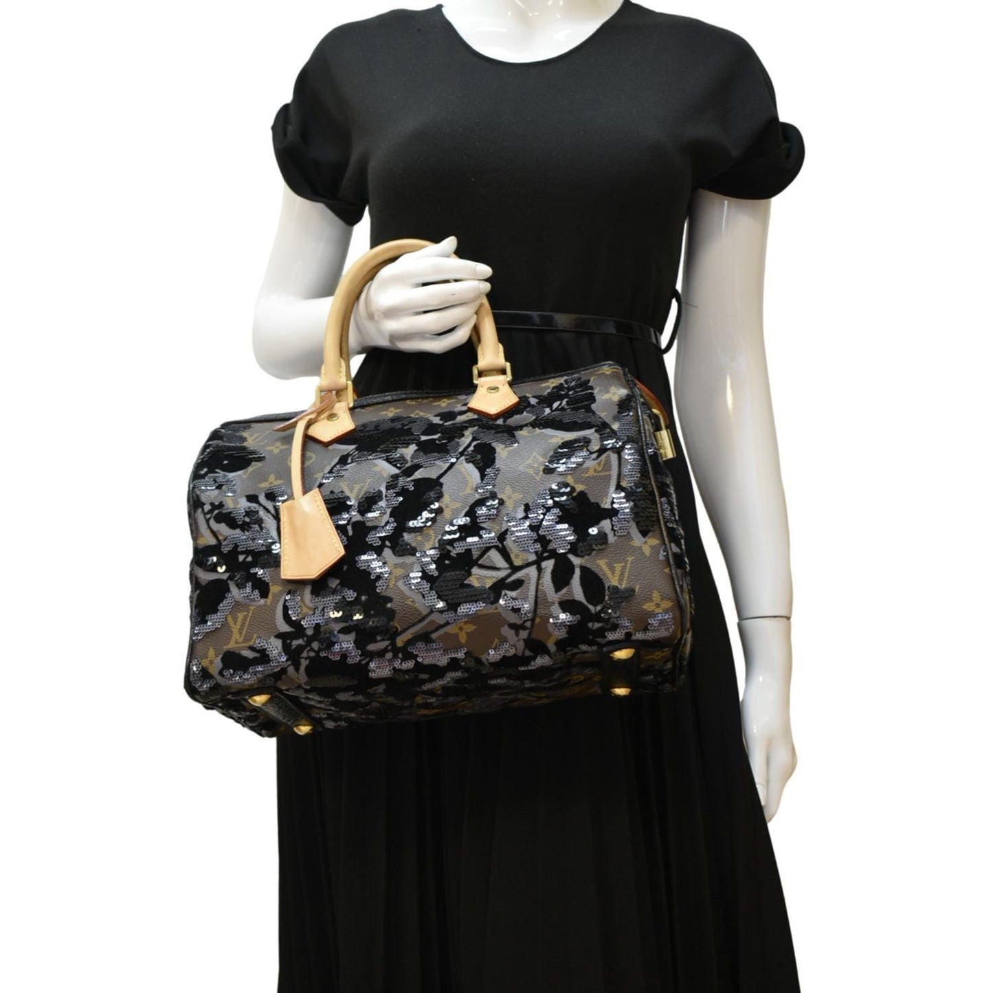 LOUIS VUITTON  30 Fleur De Jais Monogram Sequins Satchel Bag Black