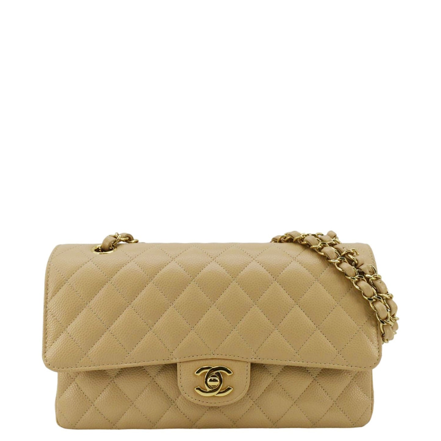 Chanel Double Flap Medium Quilted Caviar Leather Shoulder Bag Cream