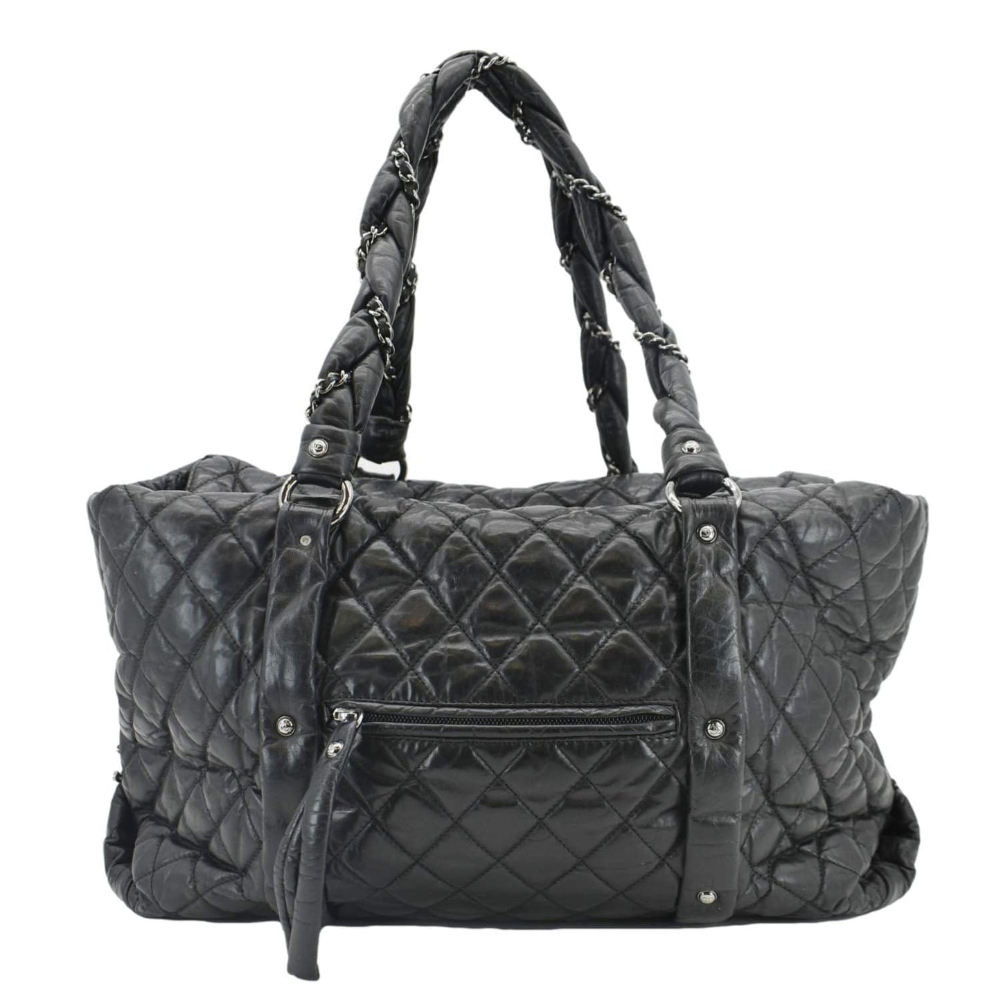 CHANEL Distressed  Ligne Braid Calfskin Leather Tote Bag Black