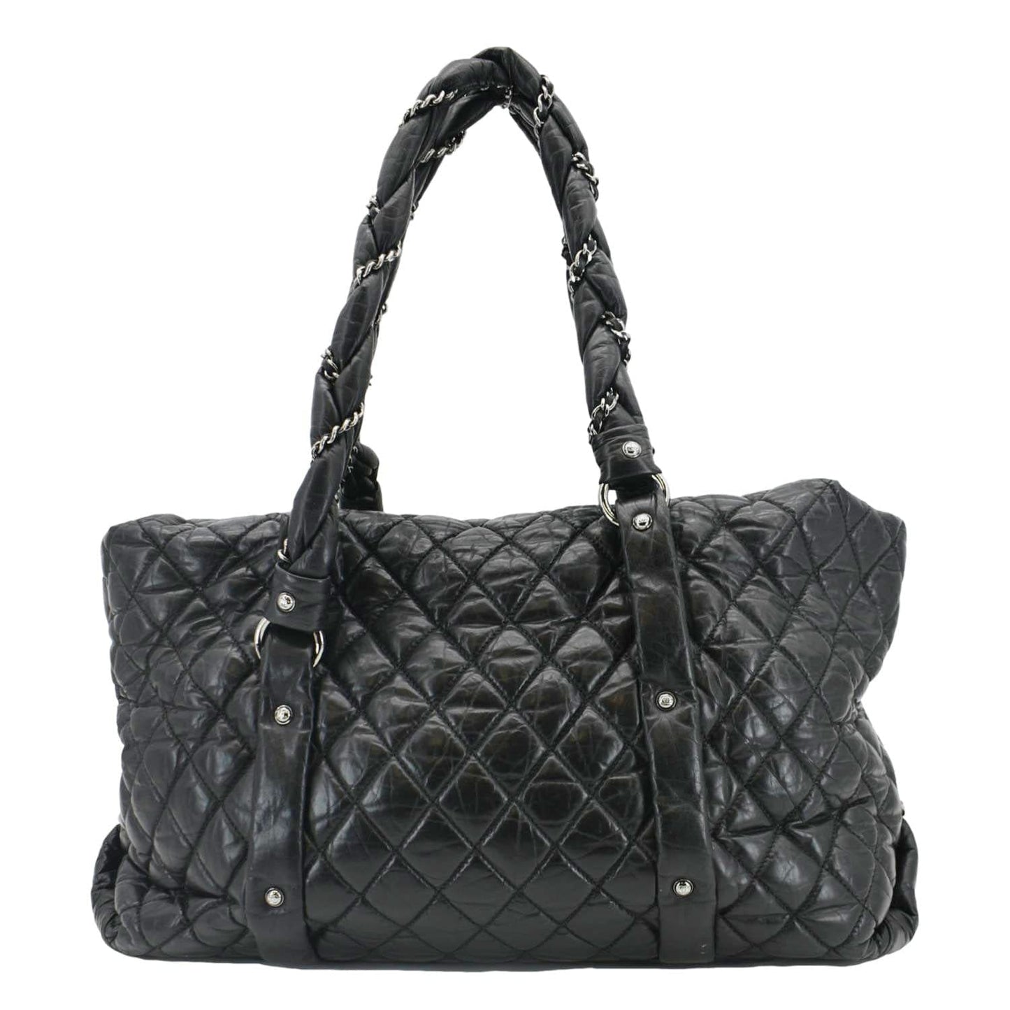 CHANEL Distressed  Ligne Braid Calfskin Leather Tote Bag Black