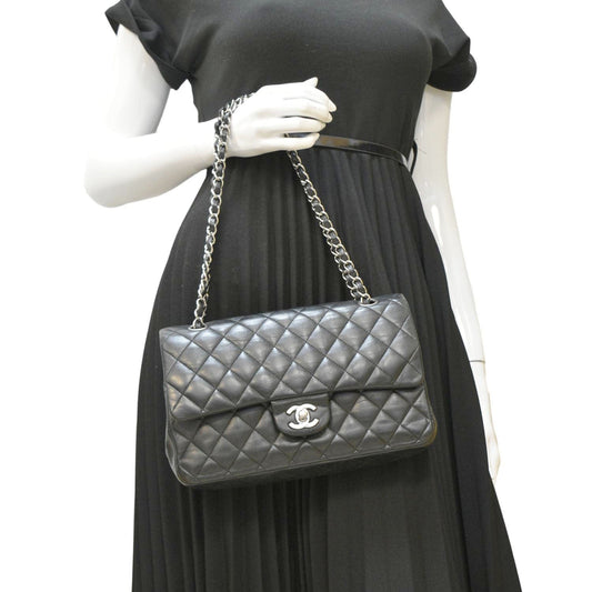 CHANEL Classic Medium Double Flap Quilted Leather Shoulder Bag Black
