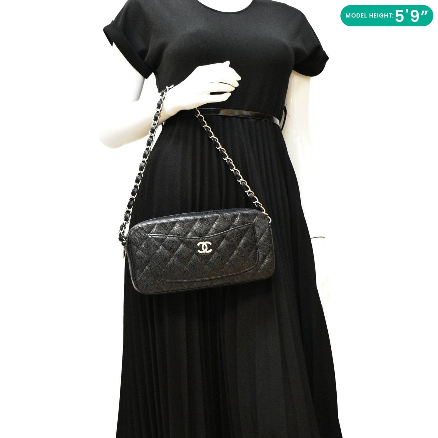 Chanel Front Pocket Quilted Caviar Leather Chain Shoulder Bag Black
