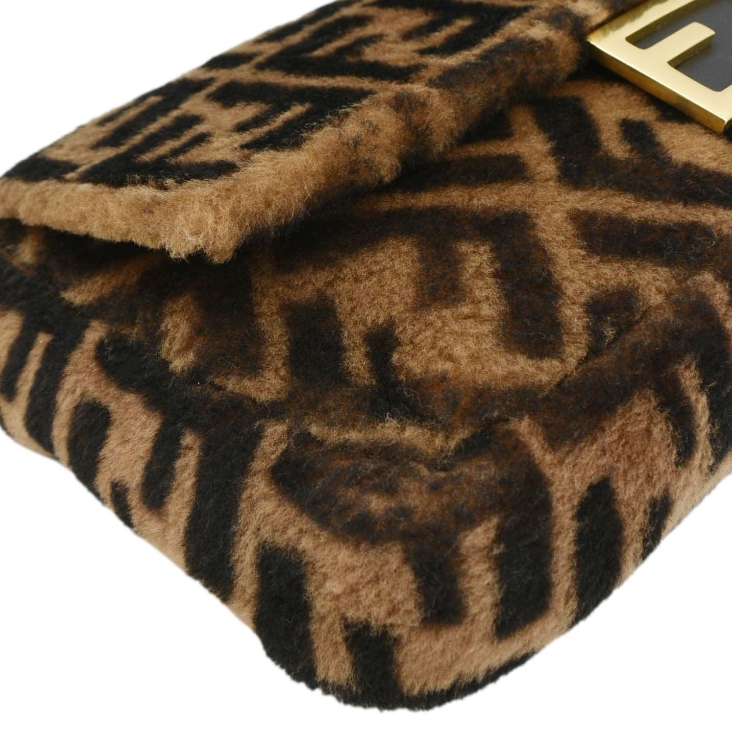FENDI Baguette Medium FF Shearling Sheepskin Shoulder Bag Brown