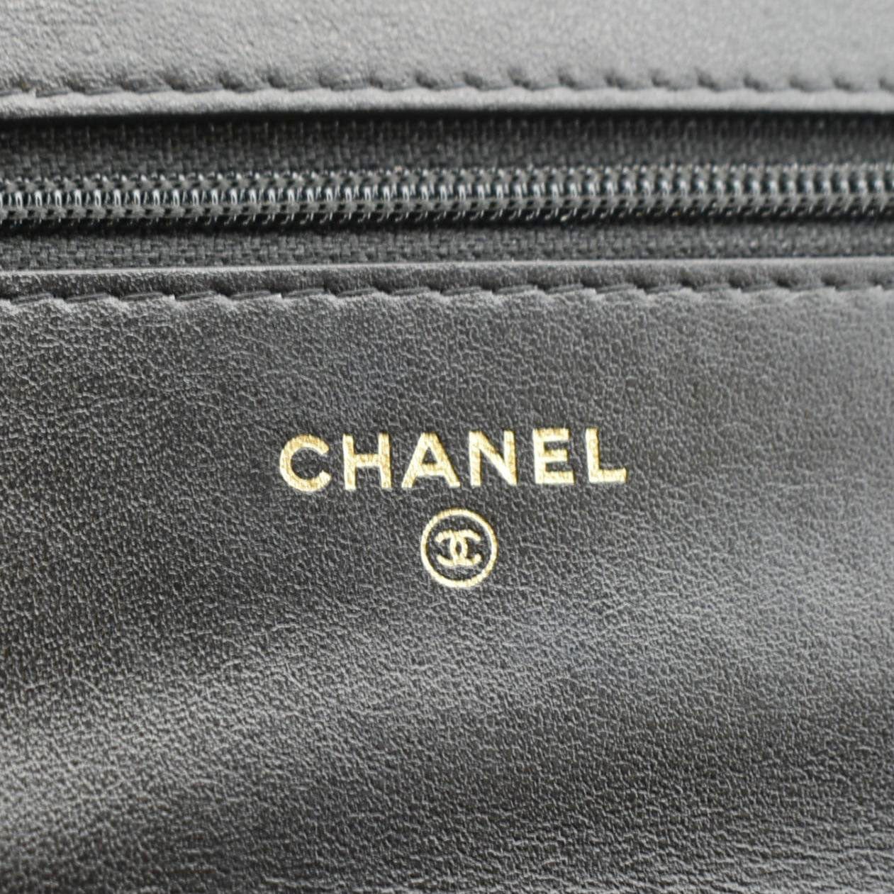 CHANEL 19 CC WOC Quilted Shiny Leather Wallet On Chain Crossbody Bag Black