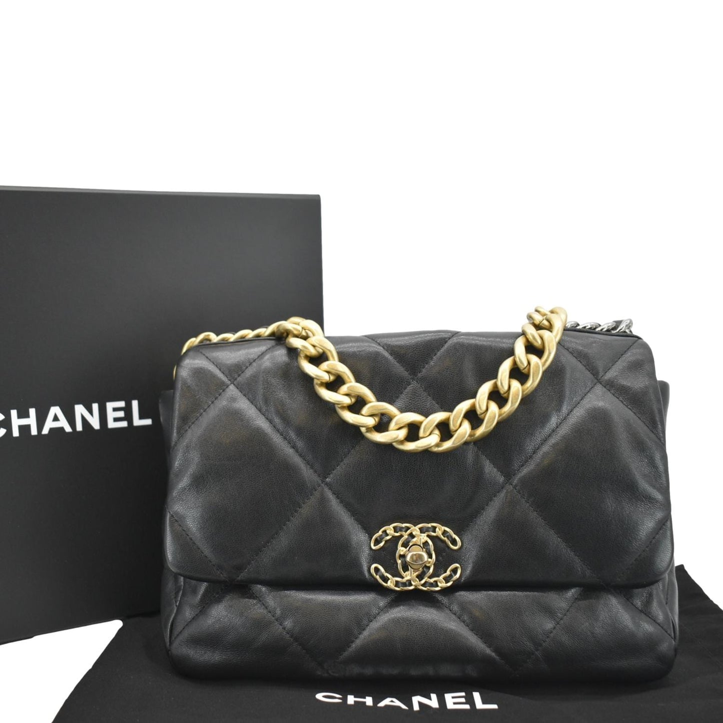 CHANEL 19 Flap Quilted Lambskin Leather Shoulder Bag Black