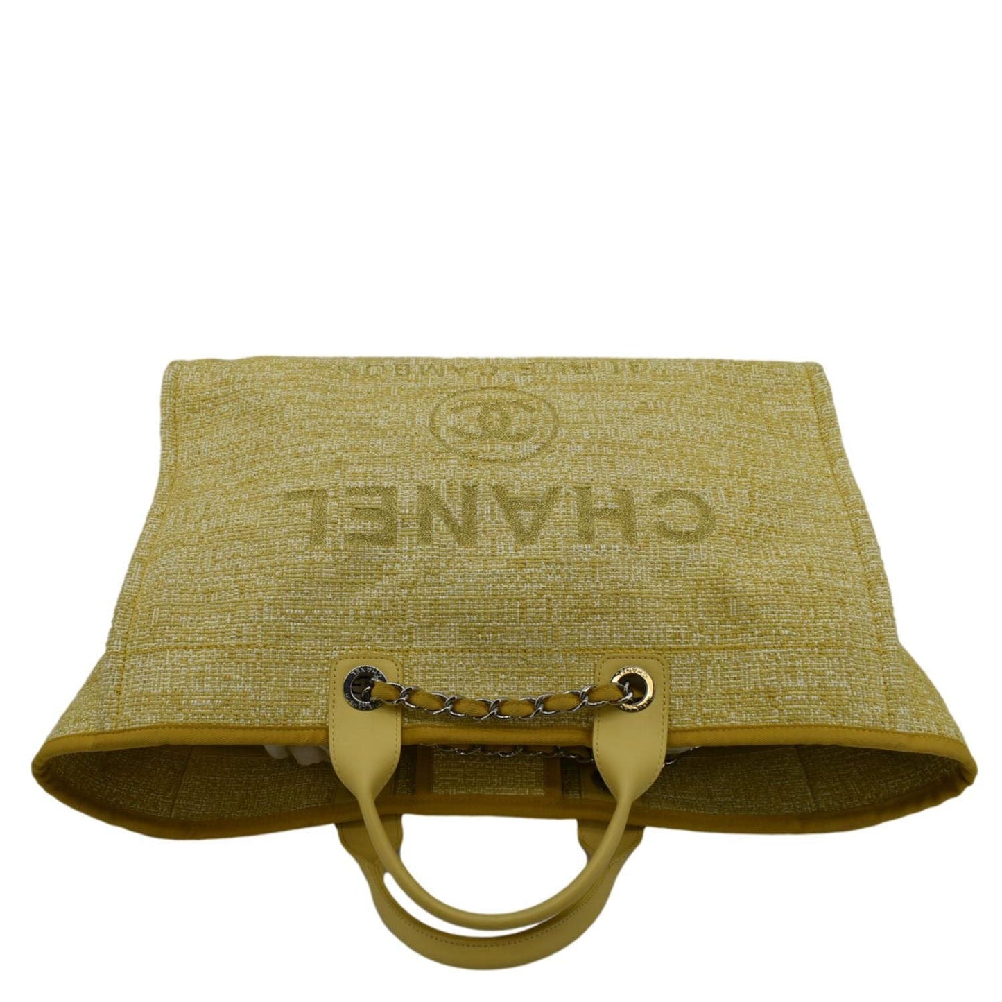 CHANEL Deauville Tweed Canvas Shopping Tote Shoulder Bag Yellow