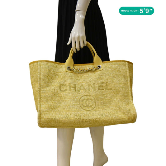 CHANEL Deauville Tweed Canvas Shopping Tote Shoulder Bag Yellow