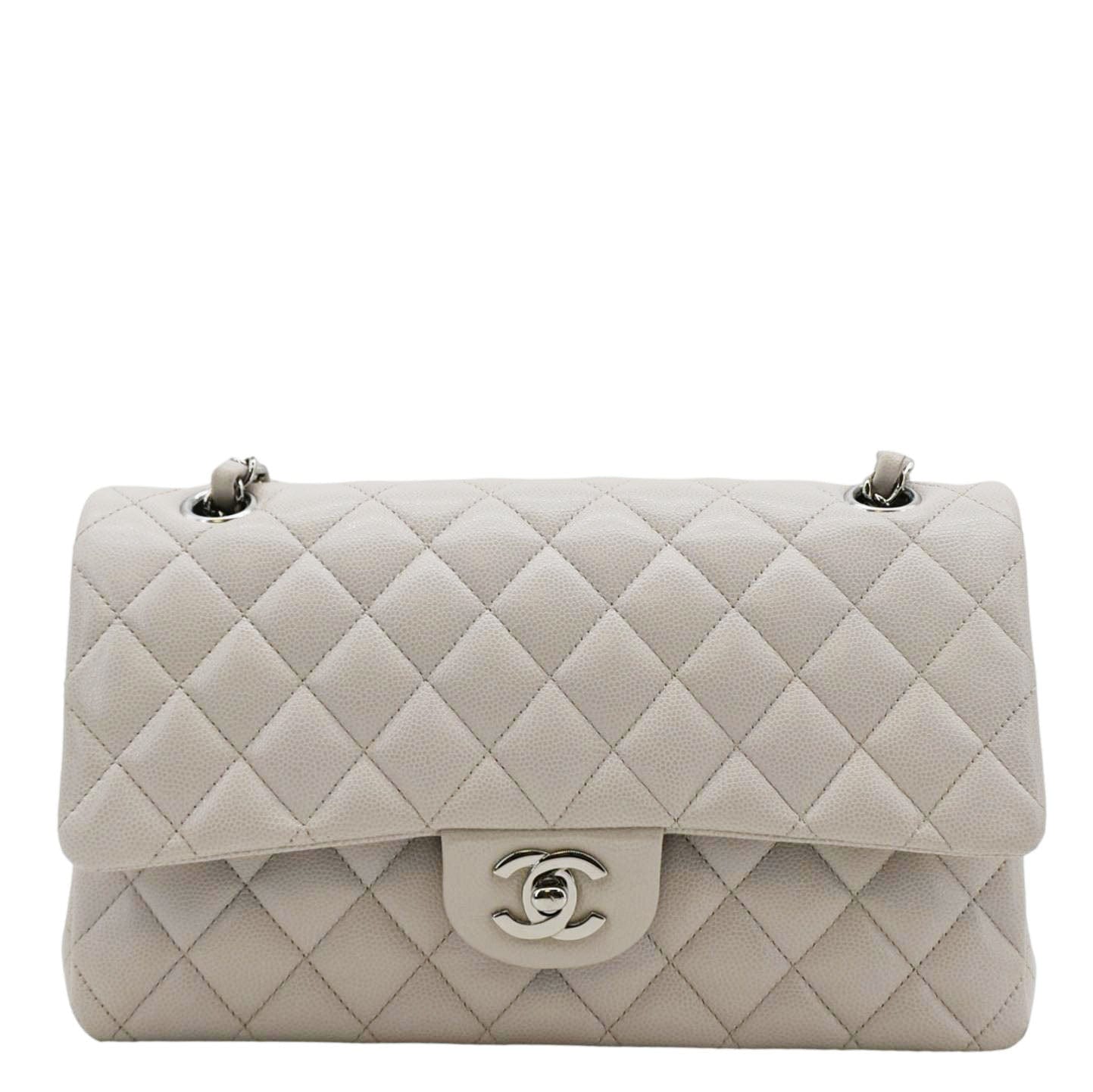 CHANEL Classic Double Flap Medium Quilted Caviar Leather Shoulder Bag White