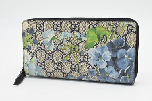Gucci Zip Around Long Wallet in Blue Blooms GG Supreme Canvas