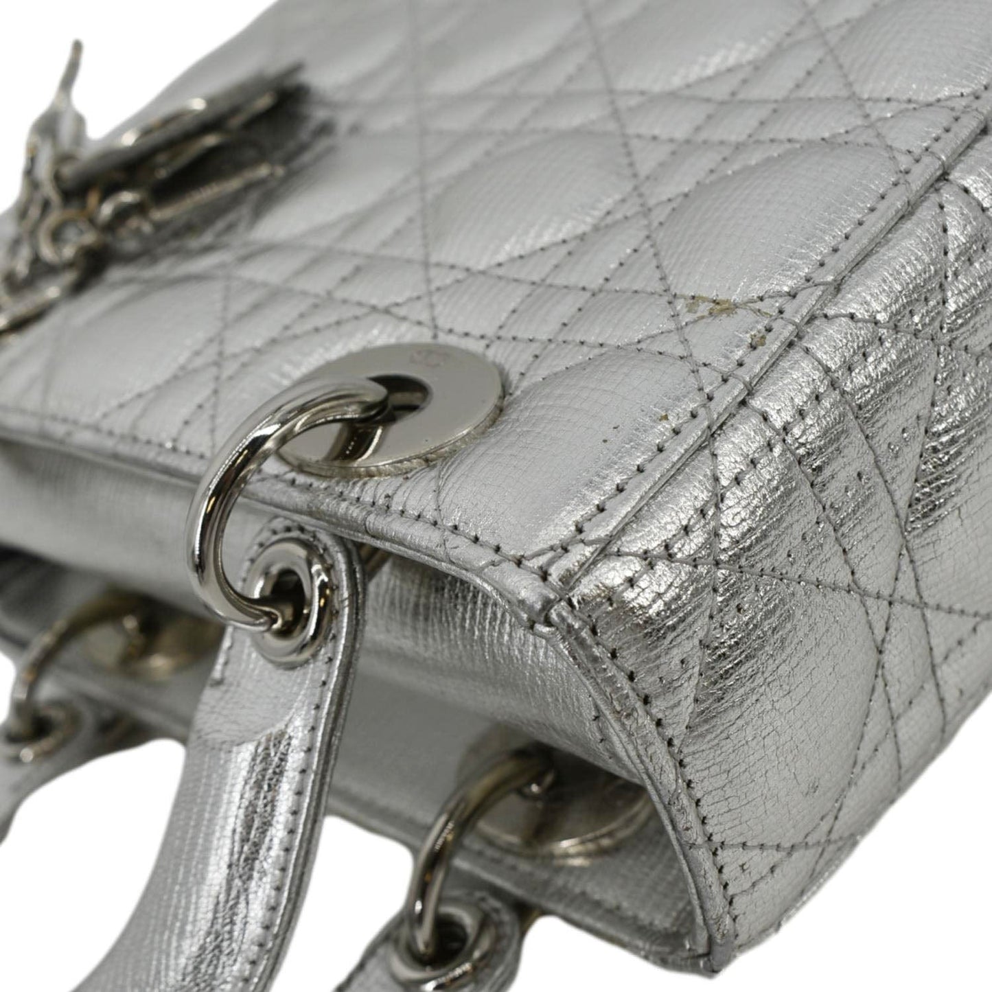 CHRISTIAN DIOR Lady Dior Lambskin Leather Shoulder Bag Metallic Silver