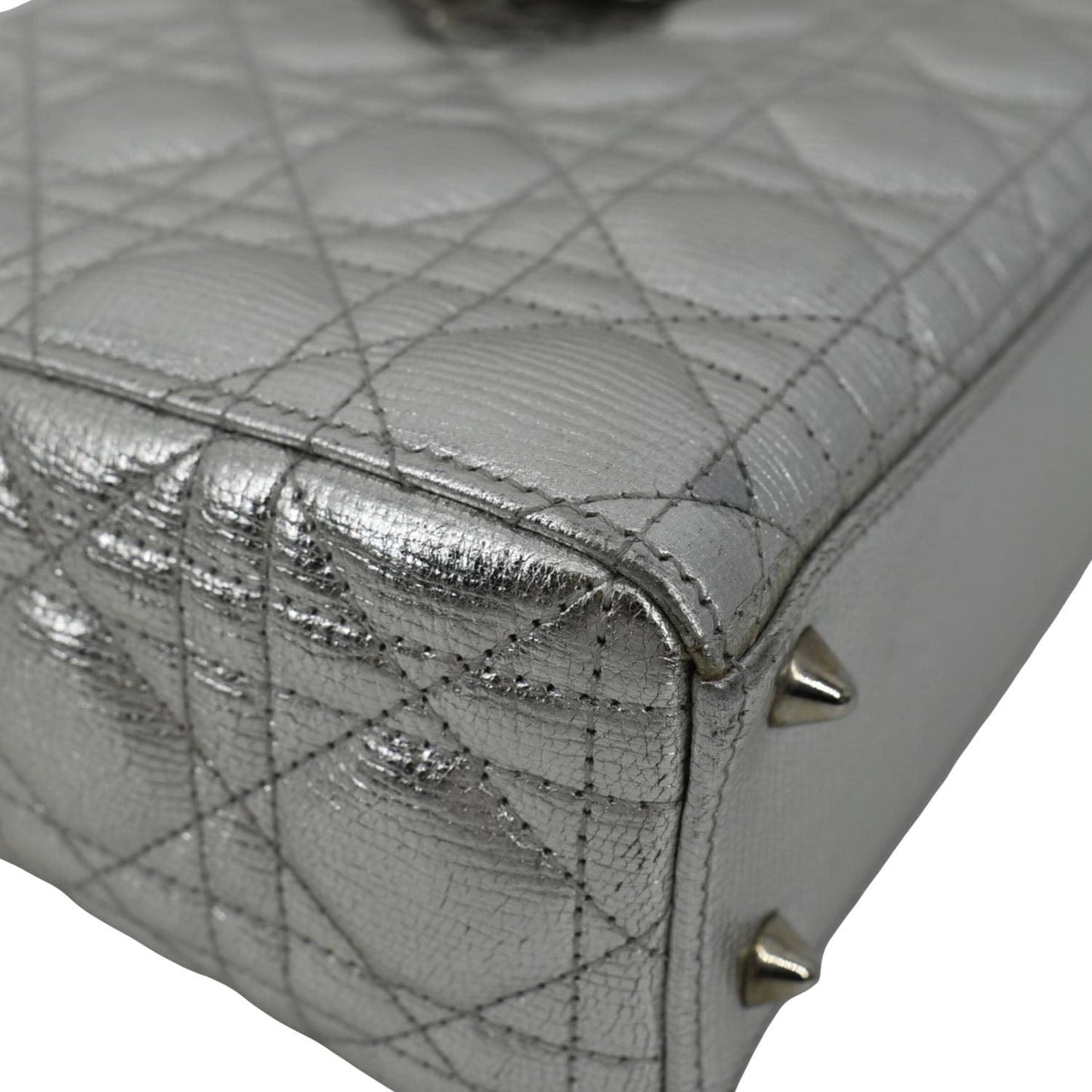 CHRISTIAN DIOR Lady Dior Lambskin Leather Shoulder Bag Metallic Silver