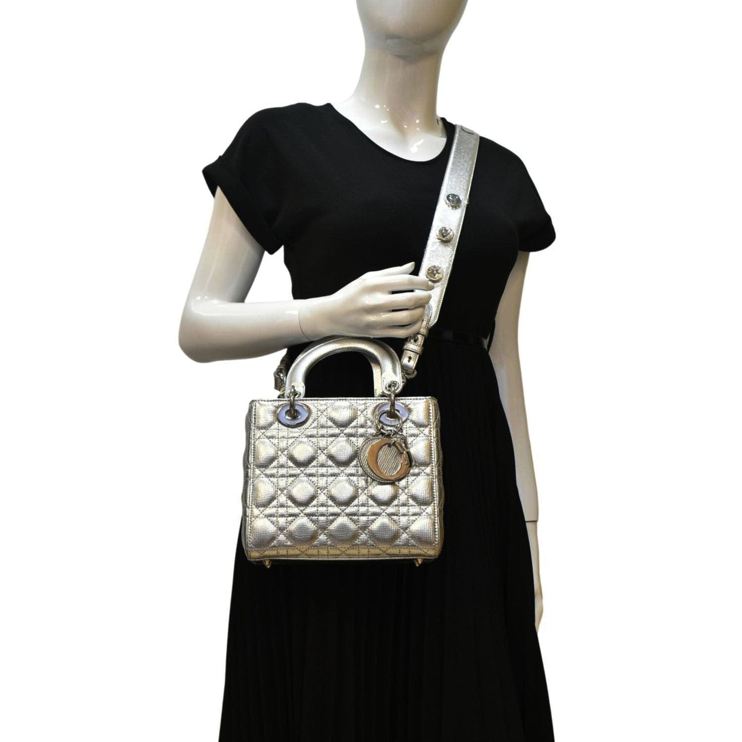 CHRISTIAN DIOR Lady Dior Lambskin Leather Shoulder Bag Metallic Silver