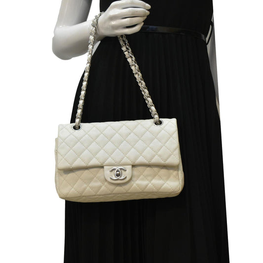 CHANEL Classic Double Flap Quilted Caviar Leather Shoulder Bag White