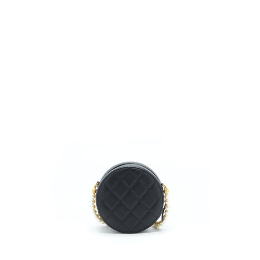 Chanel Pearl Round Clutch With Chain Calfskin Black