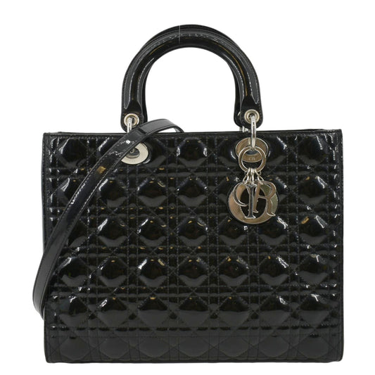 CHRISTIAN DIOR Lady Dior Large Quilted Patent Leather Shoulder Bag Black