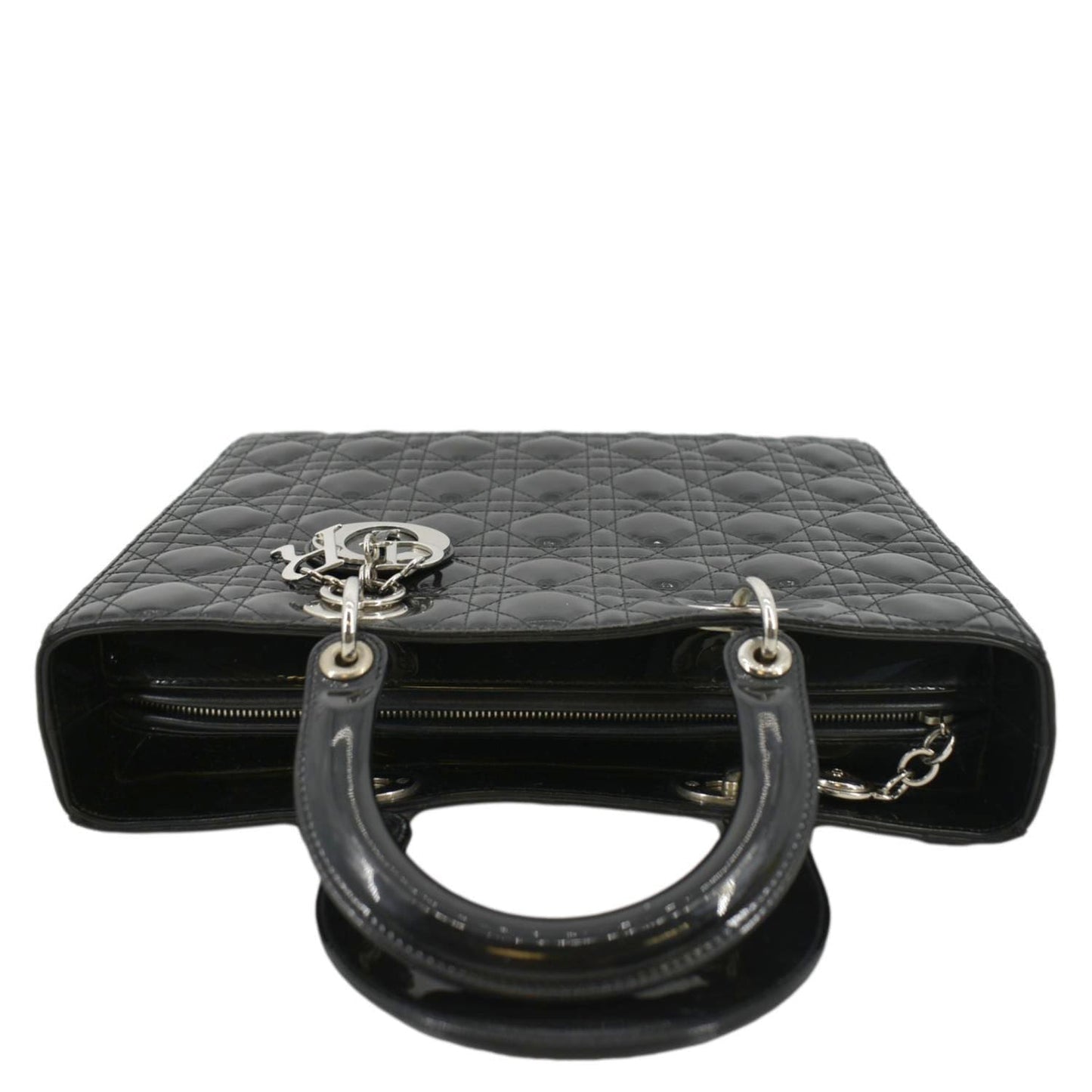 CHRISTIAN DIOR Lady Dior Large Quilted Patent Leather Shoulder Bag Black