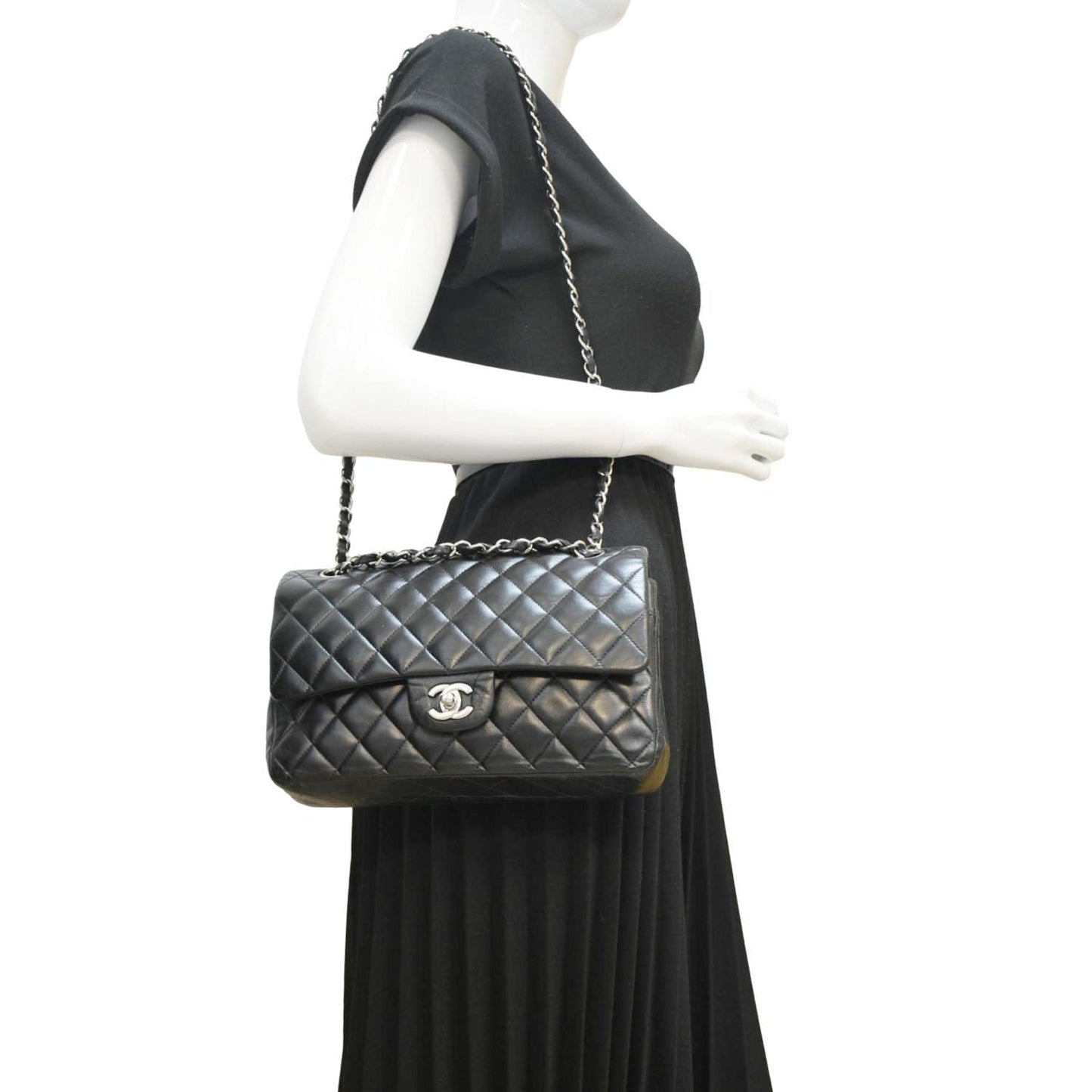 CHANEL Classic Medium Double Flap Leather Shoulder Bag Black