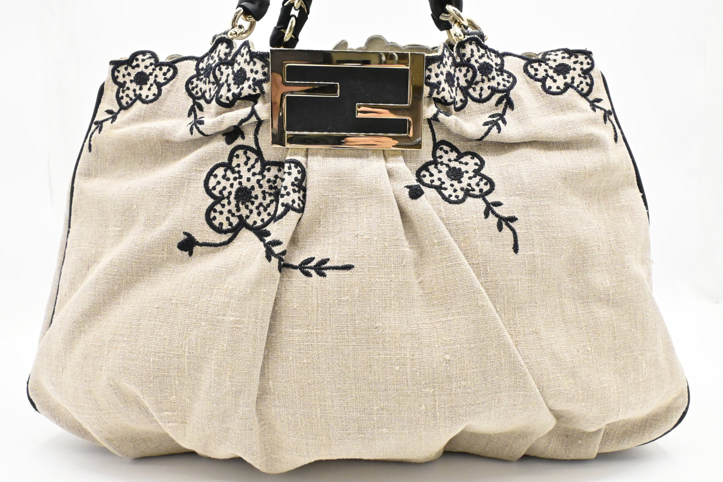 Fendi Tote Flower Embroideries in Beige Canvas