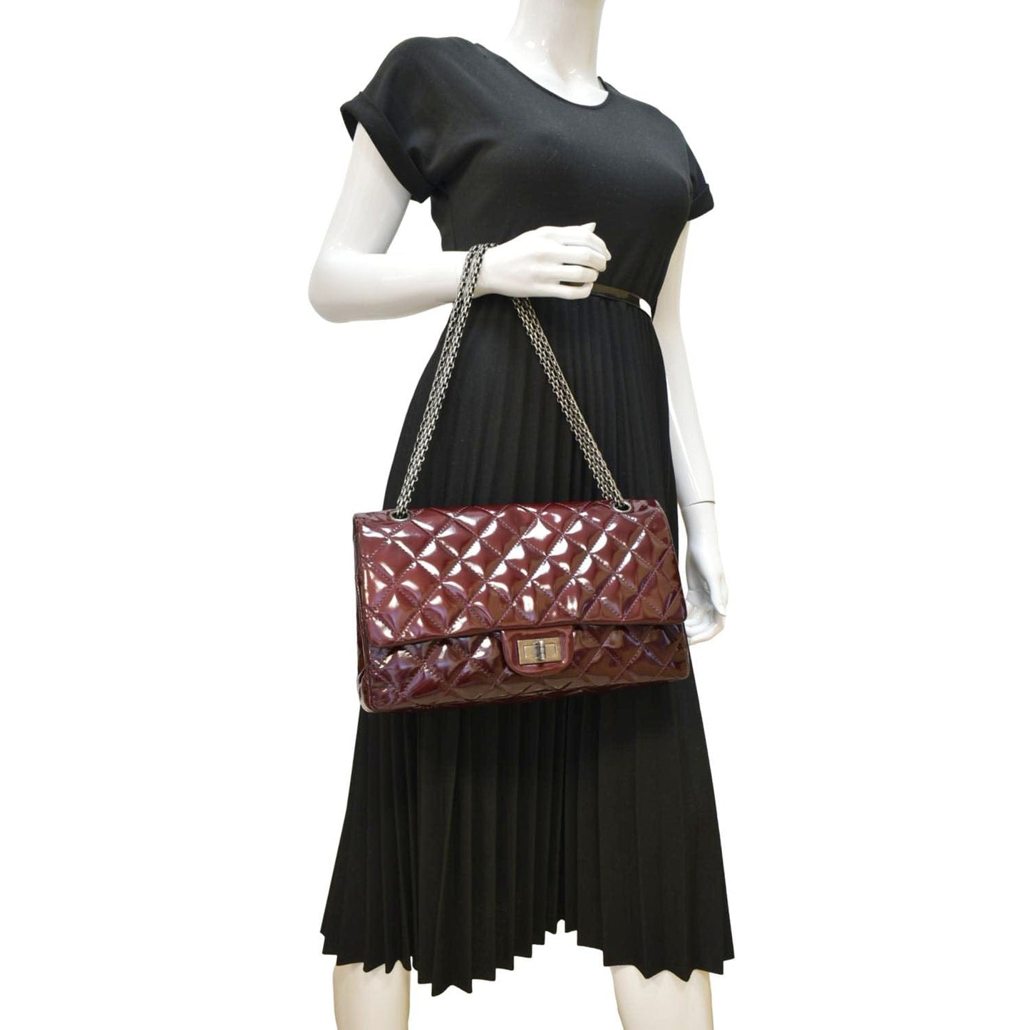 CHANEL 2.55 Reissue Double Flap Patent Leather Shoulder Bag Maroon