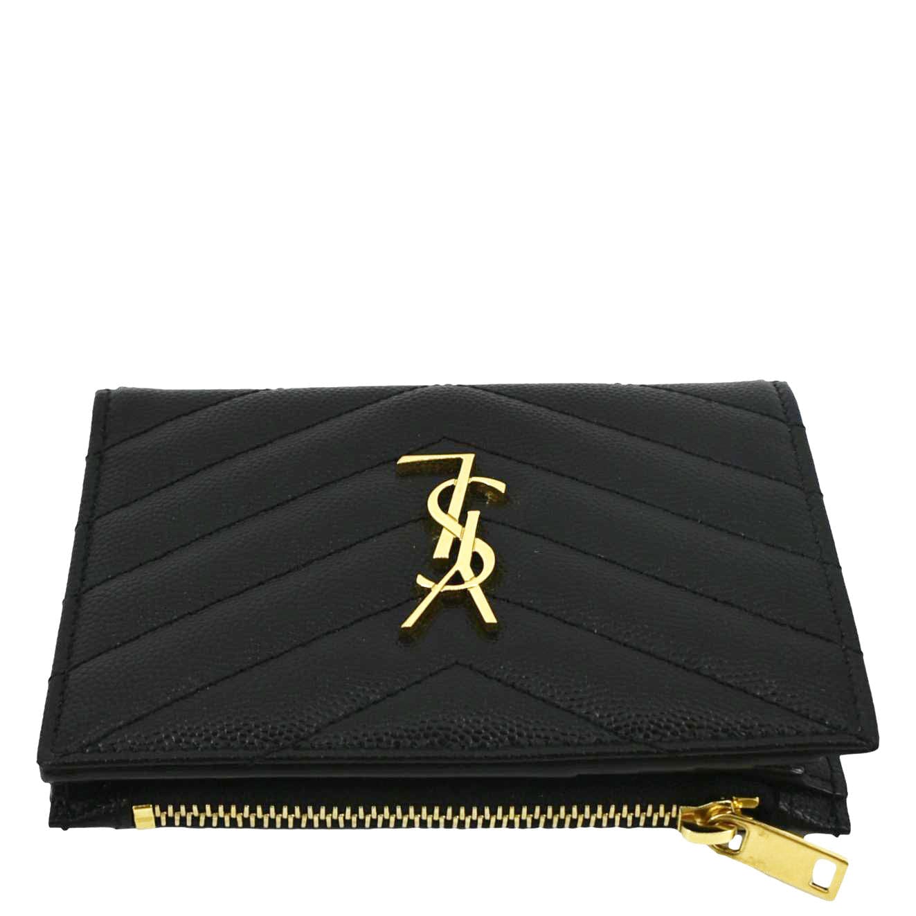 YVES SAINT LAURENT Monogram Compact Leather Zip Wallet Black