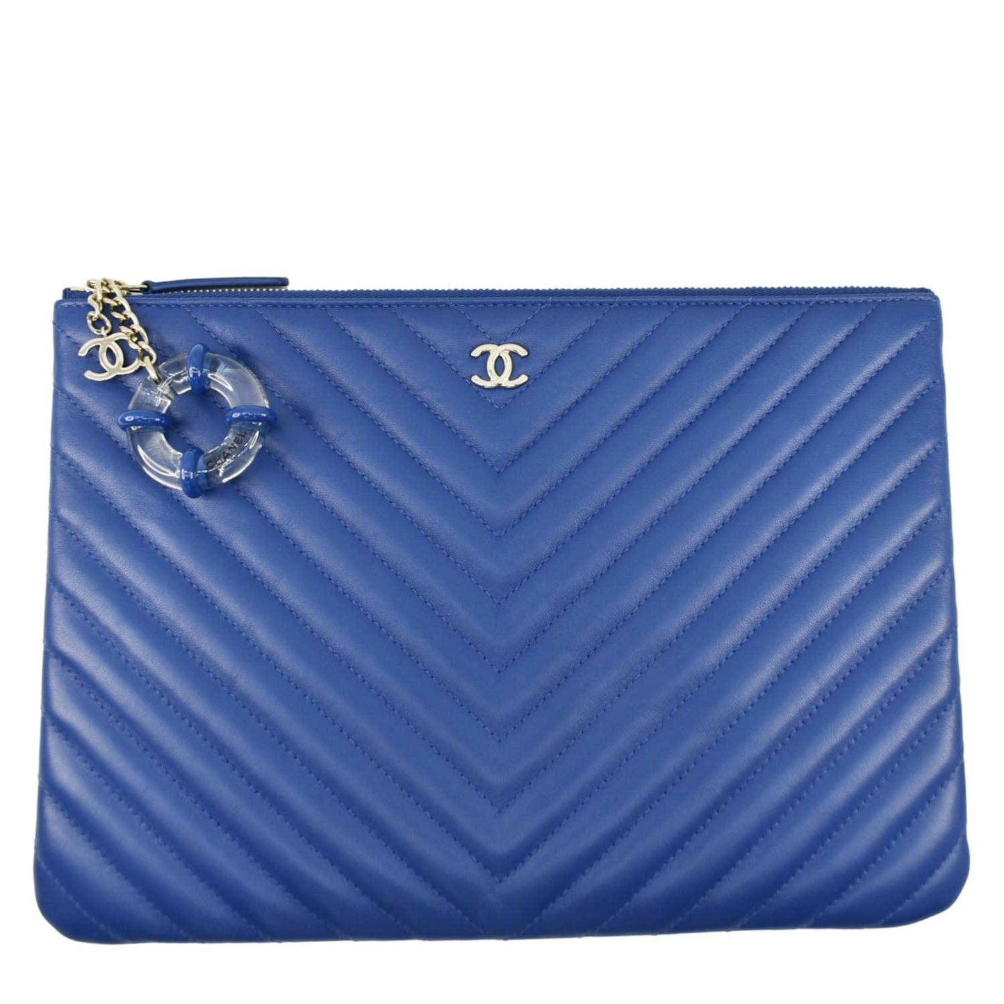 CHANEL O Case Chevron Leather Clutch Bag Blue