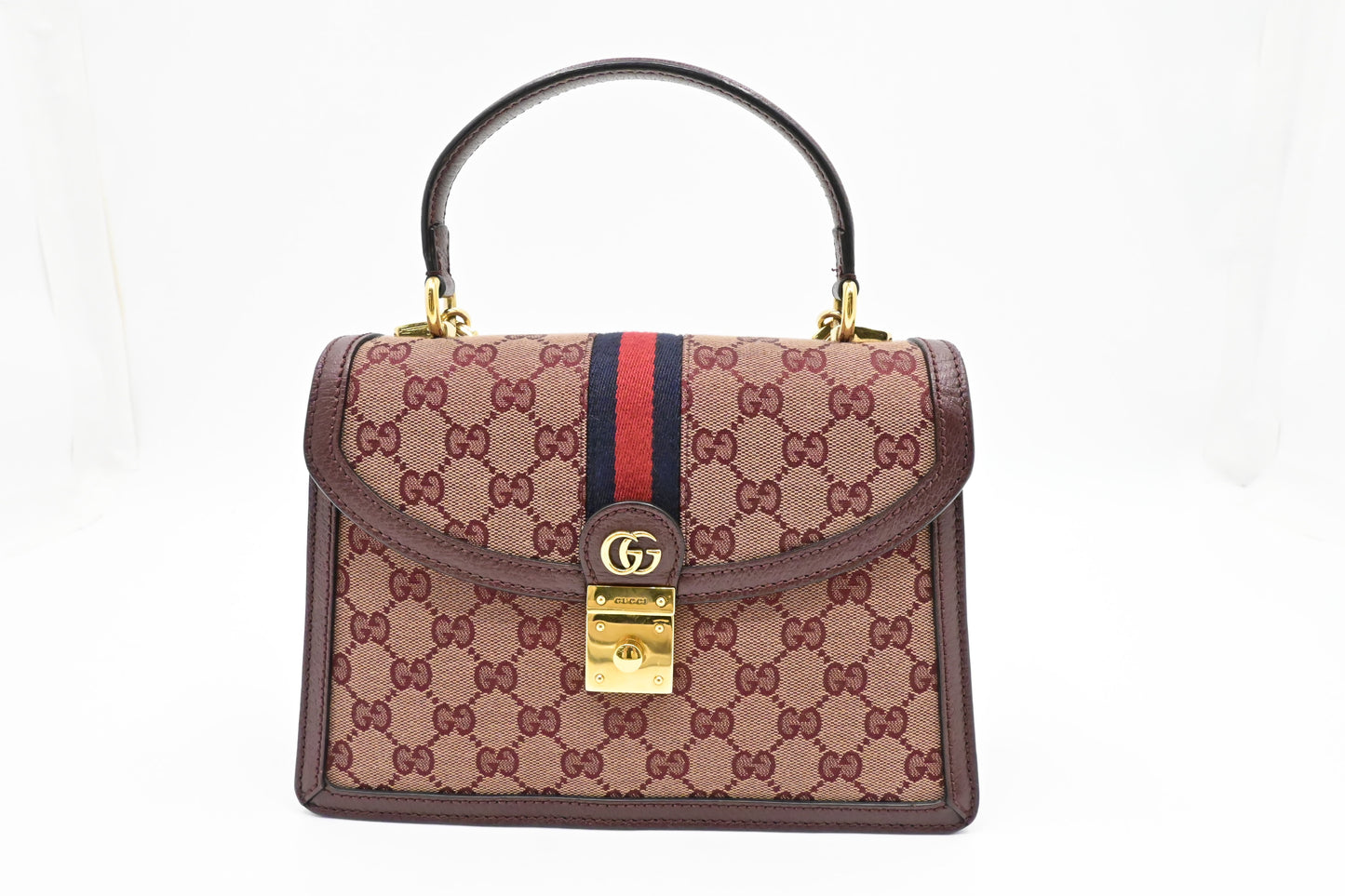Gucci Ophidia Top Handle Bag in Burgundy GG Canvas & Leather